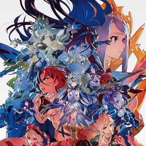 May include: A vibrant illustration featuring numerous anime-style characters in dynamic poses. The artwork showcases a diverse array of characters with varied hair colors, clothing, and expressions, set against a white background. The color palette includes blues, reds, and golds.