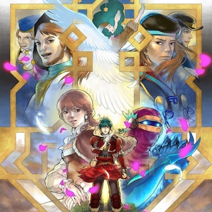 Op de afbeelding: Een fantasievolle illustratie met vijf personages in een gouden kader. De personages staan op een gepatroneerde vloer met roze bloemblaadjes die eromheen vallen. Het centrale personage is een jong persoon die een rood-bruine outfit draagt en een zwaard vasthoudt. De andere personages dragen verschillende kleurrijke outfits en hebben verschillende gezichtsuitdrukkingen.