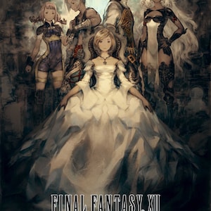 Puede incluir: Un grupo de cuatro personajes del videojuego Final Fantasy XII: The Zodiac Age. Los personajes están de pie frente a un fondo oscuro y texturizado. Los personajes son una mujer con un vestido blanco, una mujer con un vestido blanco y negro, un hombre con un atuendo marrón y negro, y una mujer con un atuendo azul y morado. El texto "FINAL FANTASY XII THE ZODIAC AGE" está en la parte inferior de la imagen.
