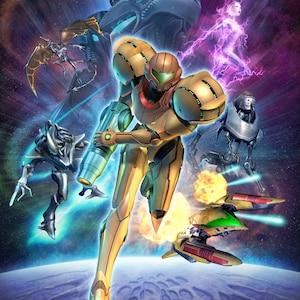 May include: A yellow and green armoured character runs forward with a weapon in hand. The character is surrounded by a variety of other characters, including a blue and black armoured character, a purple and white character, and a grey and black character. The background is a dark blue and purple space scene.