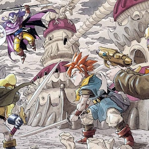 May include: A group of four characters from a fantasy video game are facing off against each other. The characters are standing in front of a large, stone building with a purple roof. The character on the left is wearing a yellow and brown outfit and holding a sword. The character in the center is wearing a blue and white outfit and holding a sword. The character on the right is wearing a yellow and brown outfit and holding a gun. The character in the air is wearing a purple and yellow outfit and holding a spear.