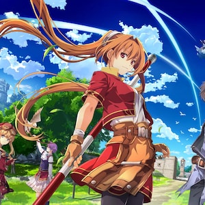 Pode incluir: Um grupo de personagens de anime em pé em um campo. Os personagens estão todos vestindo roupas diferentes e têm penteados diferentes. O fundo é um céu azul com nuvens brancas. Há um grande edifício branco no fundo.