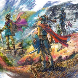 Può includere: Illustrazione fantasy con due figure in armatura, spade e scudi, su scogliere. Uno indossa un mantello rosso, l'altro viola. Un castello e altre figure sullo sfondo, con cielo colorato.