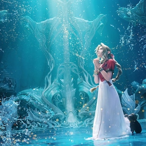 May include: A character with long blonde hair in a braid, wearing a red bolero over a white dress, kneels with hands clasped in prayer. The scene features glowing blue water, sparkling light particles, and a large, ornate, light-colored structure.