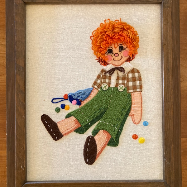 1977 Completed & Framed “Carrot Top Boy” Embroidery Needlework Art