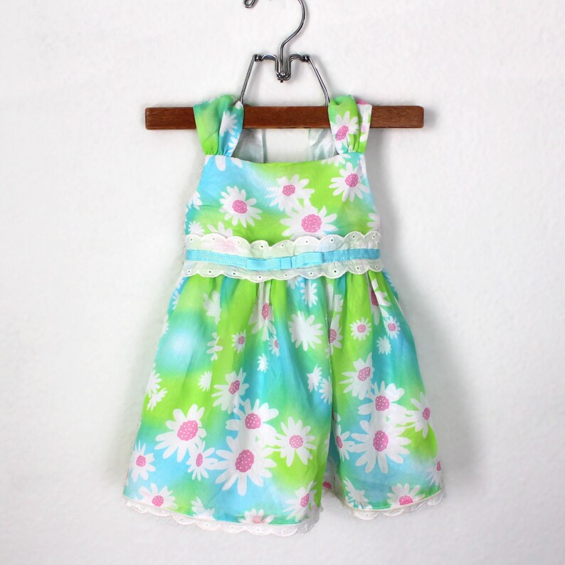 Vintage 90/'s Daisy Dress with Lace Eyelet Trim Blue and Green Sheer Fabric Fully Lined