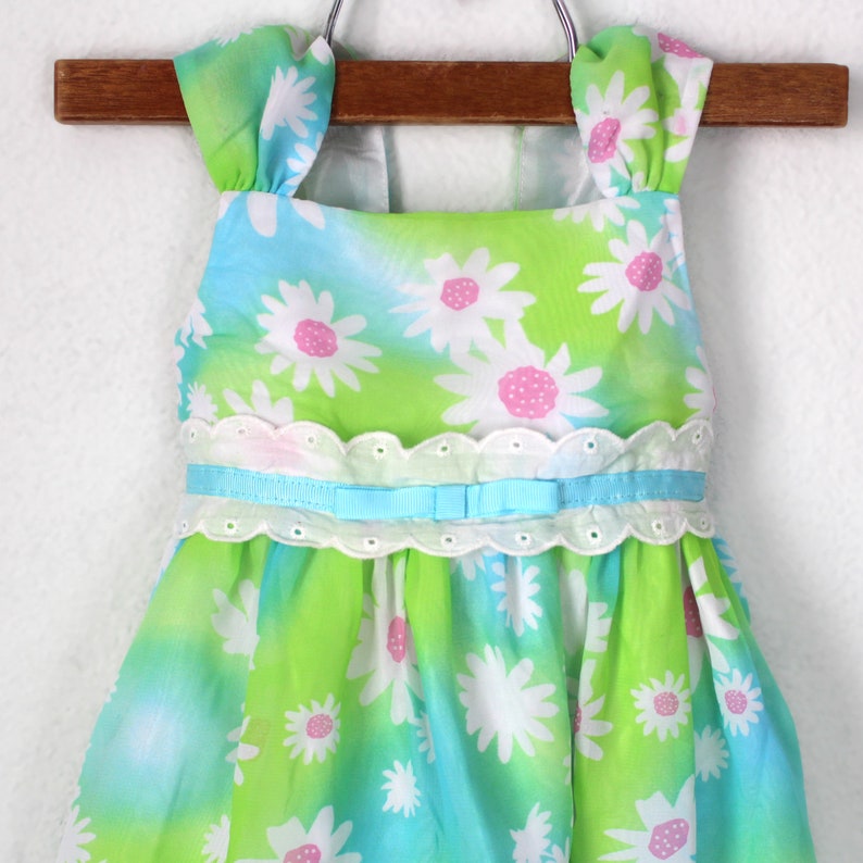 Vintage 90/'s Daisy Dress with Lace Eyelet Trim Blue and Green Sheer Fabric Fully Lined