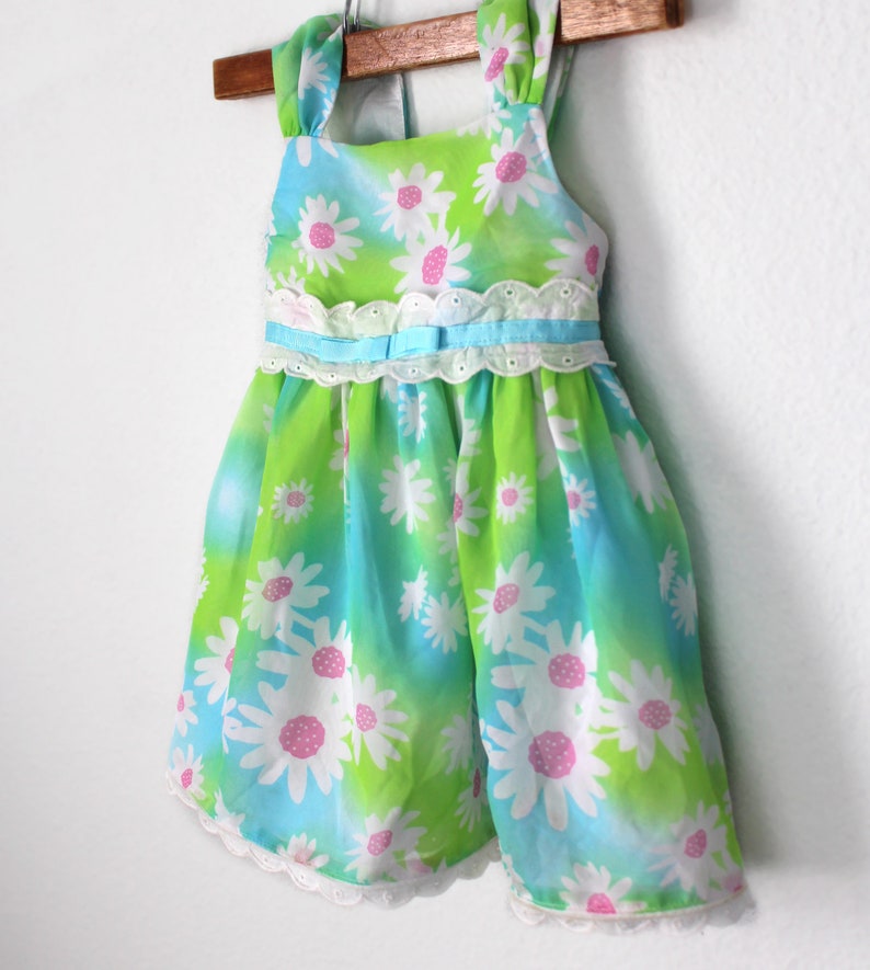 Vintage 90/'s Daisy Dress with Lace Eyelet Trim Blue and Green Sheer Fabric Fully Lined