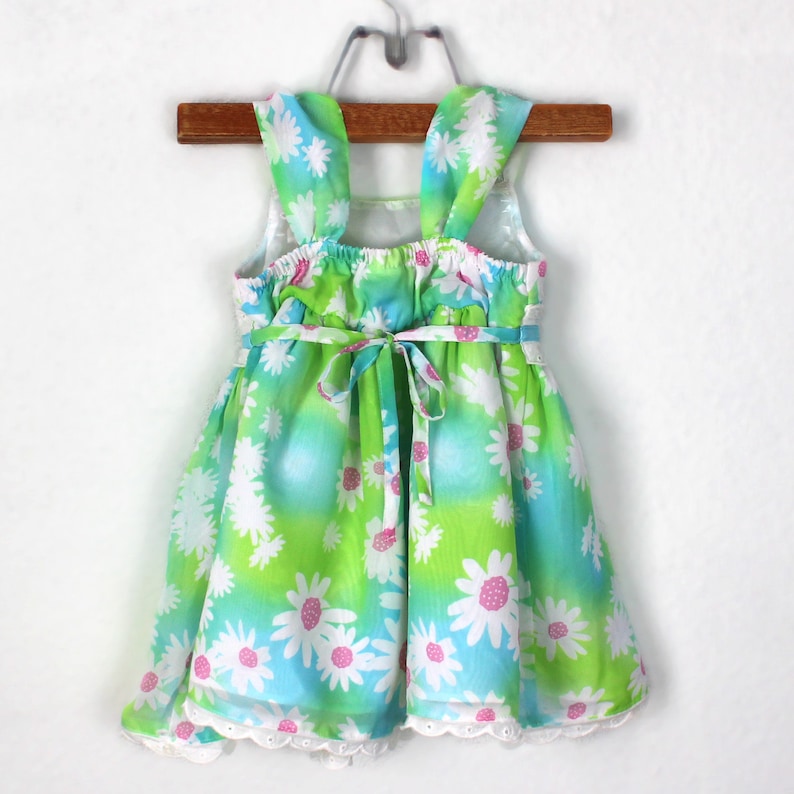 Vintage 90/'s Daisy Dress with Lace Eyelet Trim Blue and Green Sheer Fabric Fully Lined