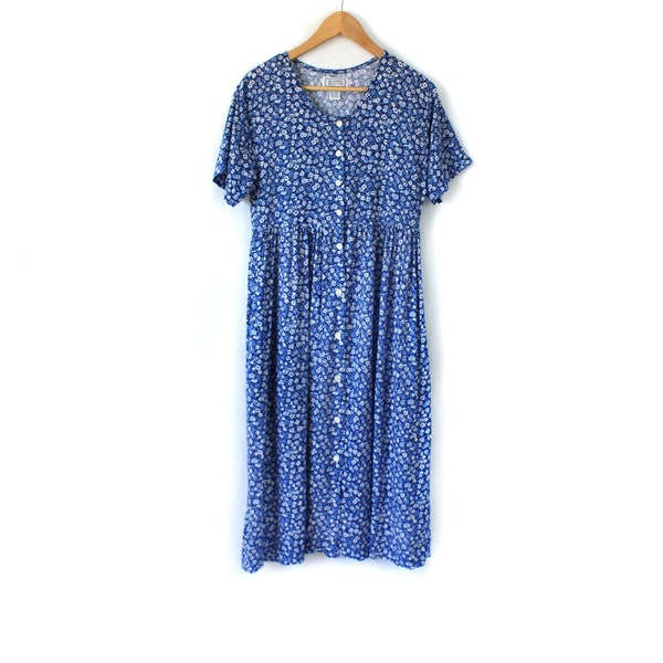 Vintage Blue Floral Sundress - Jennifer Moore - Oversized Boho Dress - Women's Small