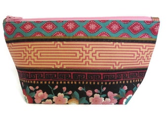 Notions Bag, Cosmetic Bag, Sewing Bag, Toiletries Bag, Jewelry Bag, Border Print with Pink Flowers