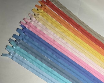 Set of 12 - 22 inch ,#3 nylon coil, YKK® zippers. Assorted Pastels