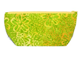 Small Notions Bag - Lime Batik Fabric with Yellow Flowers
