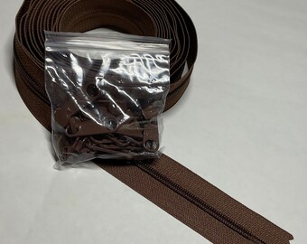 Zippers by the Yard - four yards of 16mm zipper tape with 16 extra-large zipper pulls.  Color - Seal Brown