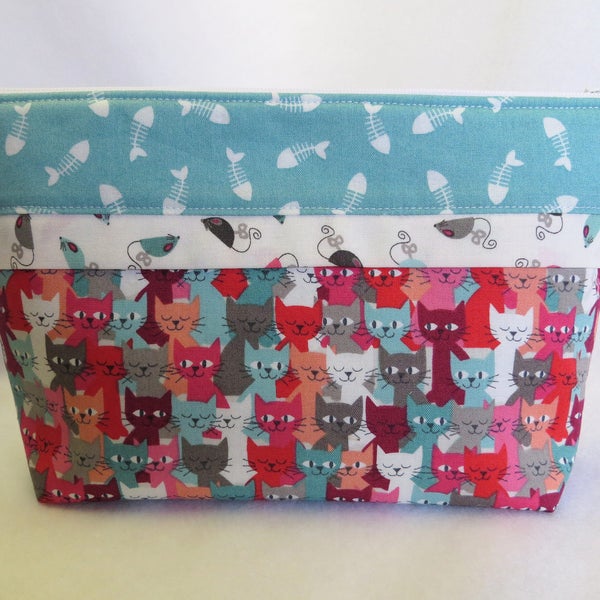 Ancho abierto el bolso de la cremallera, bolso de nociones, bolso cosmético, bolso de costura, neceser, bolso de la joyería, bolso que hace punto, Crochet bolso, tela de tema gato