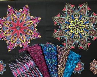Rare - Paula Nadelstern - Fabracadabra Collection - Panel w/five coordinating fat quarters - Purple/Pink/Turquoise