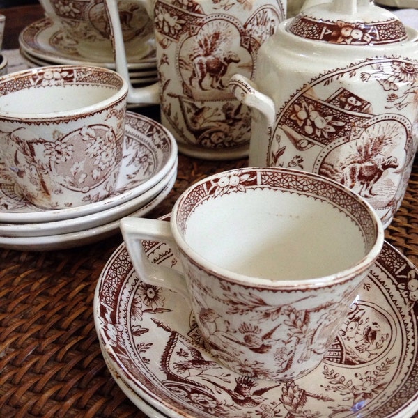 Antique transferware desert set- dog and child