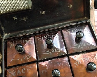 Antique tin spice box carrier