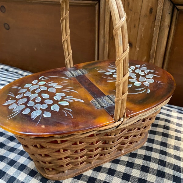 Sweet vintage painted lucite and wicker basket purse