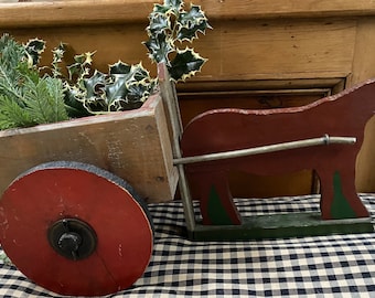 Vintage Folk art wooden painted donkey with cart