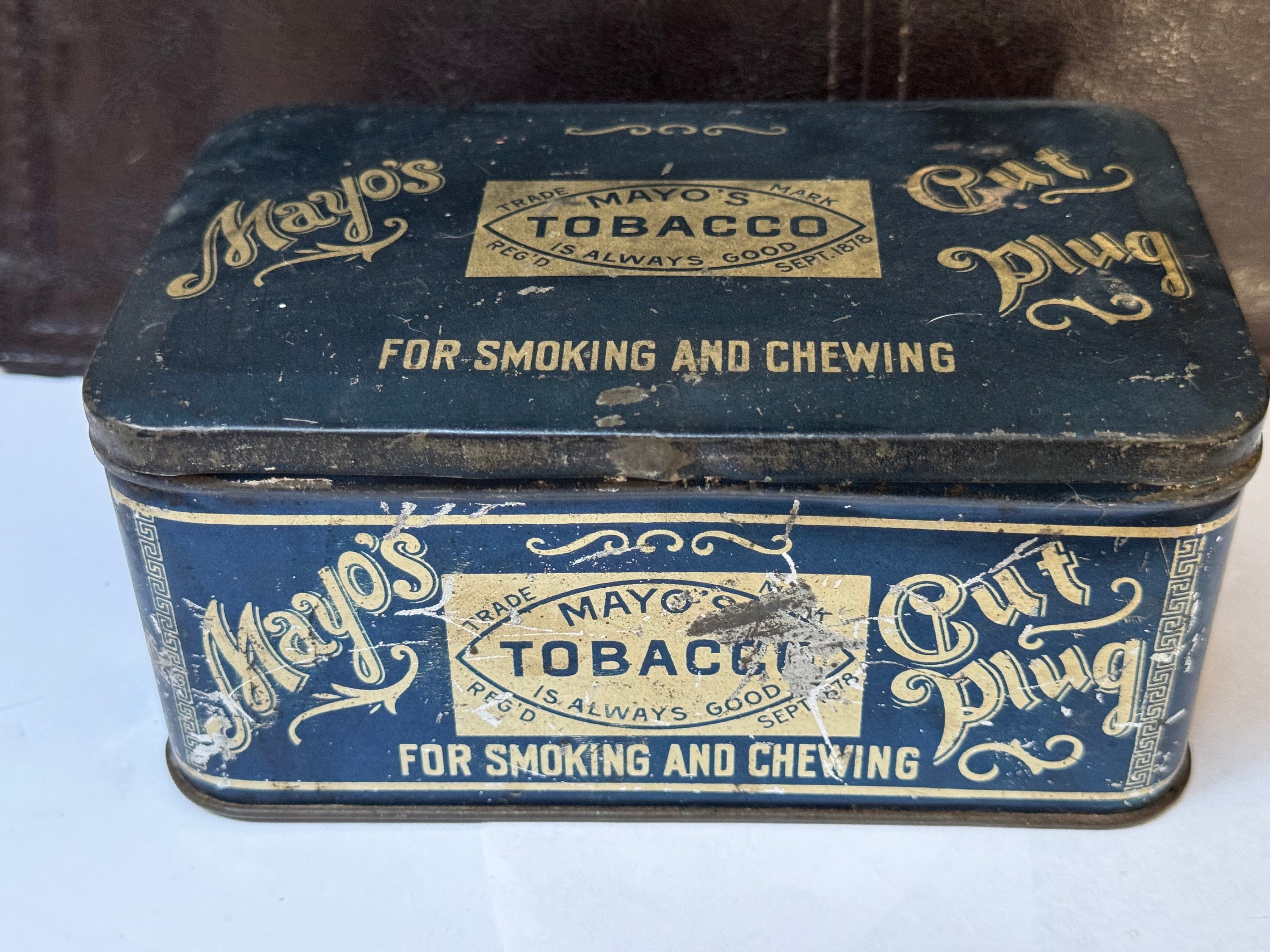 mayo's tobacco tin Cut Plug Canister "Oatmeal". For Sale at Ruby Lane MAYO'S AND PATTERSON'S, RICHMOND, VIRGINIA