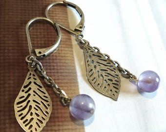 earrings "AMETHYST BUBBLES" natural stones round-shaped amethysts mounted on a chain and brass lace leaves