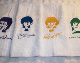 The Beatles Towels Embroidered Paul George Ringo John Faces and Signatures 4 Piece Hand Guest Kitchen Dish Gift Towel Set Choice of Colors