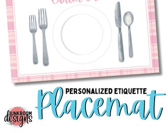 May include: A rectangular placemat featuring a pink and white plaid border, a central white plate illustration, and gray silverware icons. The name Carter Jane is printed in pink script above the plate. The text EDITABLE appears in a blue box.