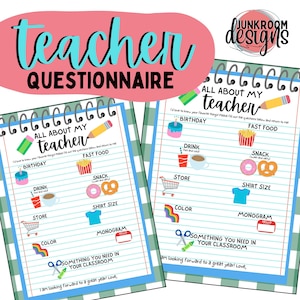 Teacher Favorite Things Questionnaire, Back to School Teacher Survey, Meet the Teacher Questionnaire, All About My Teacher Printable