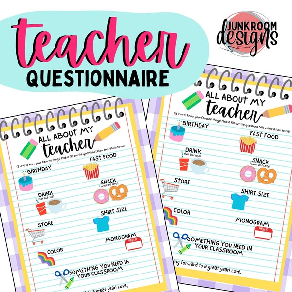 Teacher Favorite Things Questionnaire, Back to School Teacher Survey, Meet the Teacher Questionnaire, All About My Teacher Printable