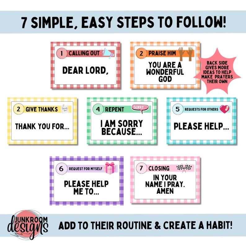 May include: Seven colourful cards with a chequered pattern and white text. Each card has a number and a title. The titles are "Calling Out", "Praise Him", "Give Thanks", "Repent", "Requests for Others", "Request for Myself", and "Closing".