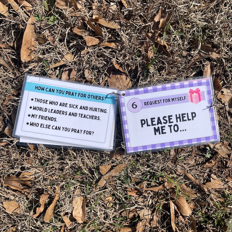 May include: Two laminated cards with a light blue and purple background. The first card has the text "HOW CAN YOU PRAY FOR OTHERS?" and lists four bullet points: "THOSE WHO ARE SICK AND HURTING", "WORLD LEADERS AND TEACHERS", "MY FRIENDS", and "WHO ELSE CAN YOU PRAY FOR?" The second card has the number "6" and the text "REQUEST FOR MYSELF" and "PLEASE HELP ME TO..."