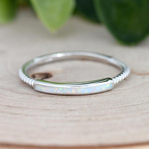 Thin Opal Bar Inlay Rope Side Silver Ring, Women&#39;s Engagement Ring, Stackable Ring, Simple Opal Ring, Wedding Engagement, Ring for Her