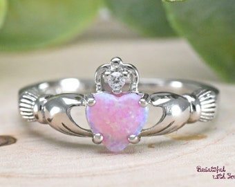 Womens Silver Claddagh Ring Womens Ring Best Friend Friendship Ring Irish Ring Irish Celtic Ring Girls Pink Lap Opal Ring Silver Ring