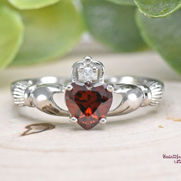 January Birthstone Garnet Cubic Zirconia Sterling Silver Claddagh Irish Celtic Ring Girls Womens Birthday Gift Ideas