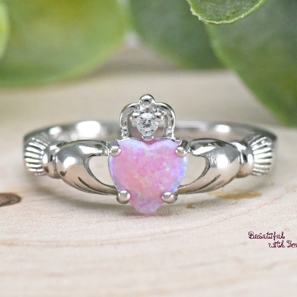 Womens Silver Claddagh Ring Womens Ring Best Friend Friendship Ring Irish Ring Irish Celtic Ring Girls Pink Lap Opal Ring Silver Ring