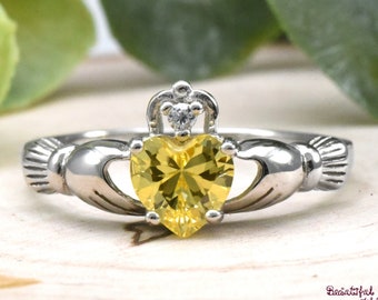 Womens Silver Yellow Topaz CZ Claddagh Promise Ring Wedding Band Irish Celtic Claddagh Band November Birthstone Fede Band Womens Jewelry