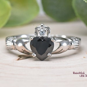 Black Onyx Cubic Zirconia Claddagh Celtic Traditional Irish Promise Fede Heart Ring Girls Childrens Womens Medieval Renaissance