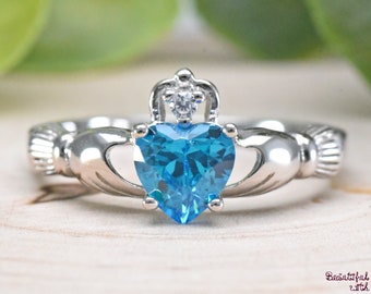 Blue Topaz CZ Ring Claddagh Ring Irish Celtic Ring Sterling Silver Wedding Band Promise Ring Womens Girls Ring Celtic Ring Band