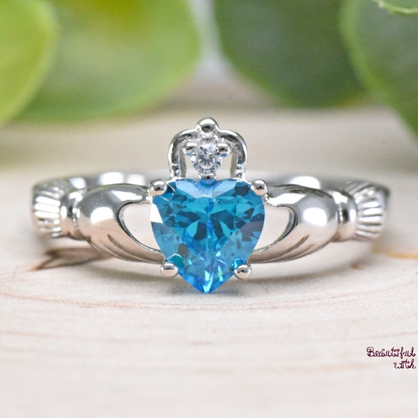 Blue Topaz CZ Ring Claddagh Ring Irish Celtic Ring Sterling Silver Wedding Band Promise Ring Womens Girls Ring Celtic Ring Band