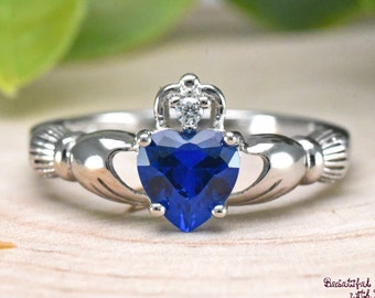 Womens Girls Claddagh Ring Irish Claddagh Ring Sterling Silver Wedding Band Promise Ring for Her Blue Sapphire CZ September Birthstone Ring