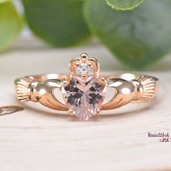 Irish Claddagh Ring, Irish Claddagh Ring Rose Gold, Simulated Pink Morganite Cubic Zirconia Rose Gold Claddagh Ring, Fede Ring Rose Gold
