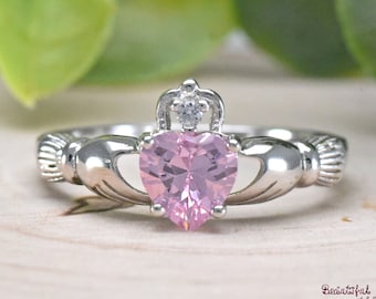 Pink Celtic Irish Claddagh Ring, Children's Claddagh Ring, Girls Claddagh Ring, Celtic Promise Ring Pink Cubic Zirconia Sterling Silver