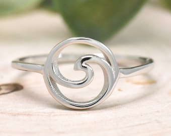 Wave Circle Ring 925 Sterling Silver Dainty Trendy Unique Wave Surfers Ocean Tide Nautical Beach Summer Everyday Band Gift Ideas