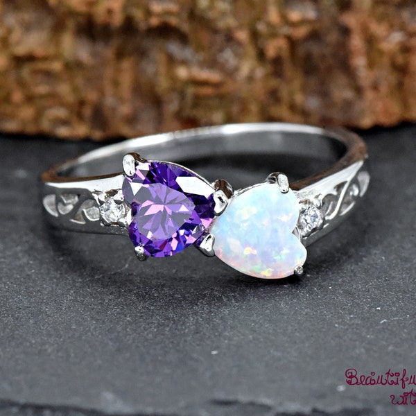 Fire Opal Heart Amethyst Heart Silver Ring, Sterling Silver Lab Opal Simulated February Birthstone Amethyst CZ Heart Filigree Ring, Gift