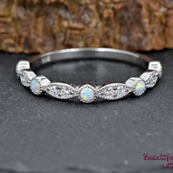 Solid 925 Sterling Silver Milgrain Bezel Set Round and Oval Pattern Opal and Clear Cubic Zirconia Half Eternity Band Ring Gift for Her