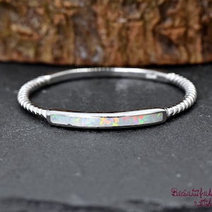 Thin Opal Bar Inlay Rope Side Silver Ring, Women's Engagement Ring, Stackable Ring, Simple Opal Ring, Wedding Engagement, Ring for Her