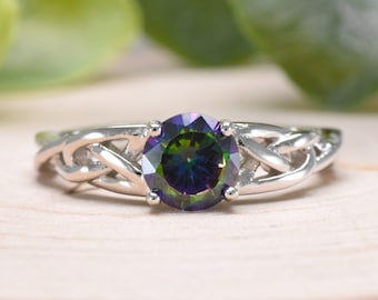 Celtic Knot Rainbow Topaz CZ Ring, Celtic Knot CZ Wedding Ring, Womens Promise Ring Silver, Mystic Topaz CZ Celtic Knot Engagement Ring