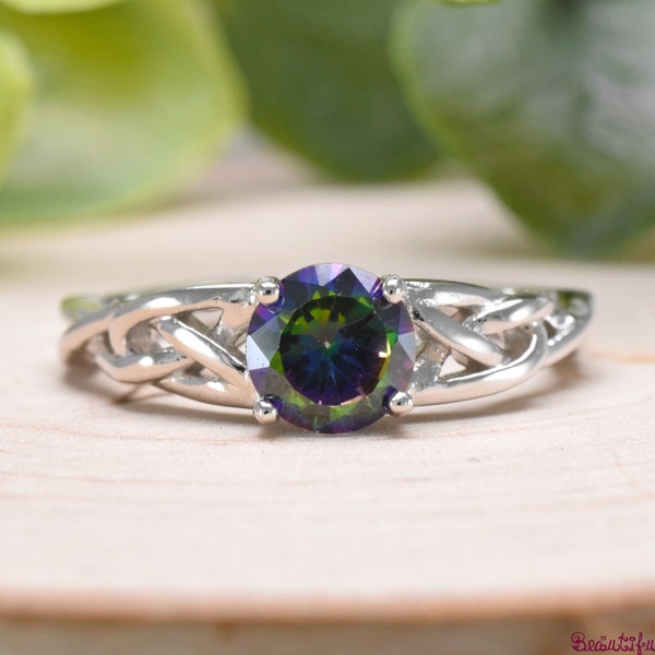 Celtic Knot Rainbow Topaz CZ Ring, Celtic Knot CZ Wedding Ring, Womens Promise Ring Silver, Mystic Topaz CZ Celtic Knot Engagement Ring