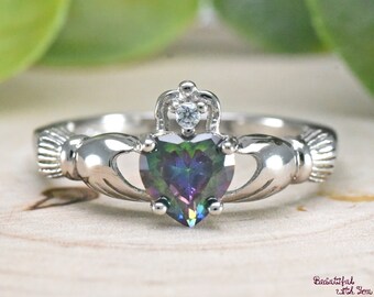 Claddagh Ring, Irish Claddagh Ring, Celtic Claddagh Ring, Rainbow Topaz Cubic Zirconia Claddagh Ring, Sterling Silver Claddagh Ring